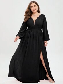 大碼燈籠袖高衩雪紡伴娘連衣裙 - 黑色 - 查看 6