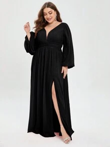 大碼燈籠袖高衩雪紡伴娘連衣裙 - 黑色 - 查看 7