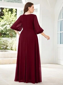 UNITHORSE 大碼深V領燈籠袖雪紡伴娘連衣裙 - 紫紅色 - 查看 3