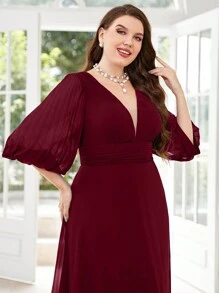 UNITHORSE 大碼深V領燈籠袖雪紡伴娘連衣裙 - 紫紅色 - 查看 8