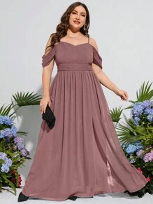 Plus Cold Shoulder Chiffon Bridesmaid Dress - Dusty Pink - View 3