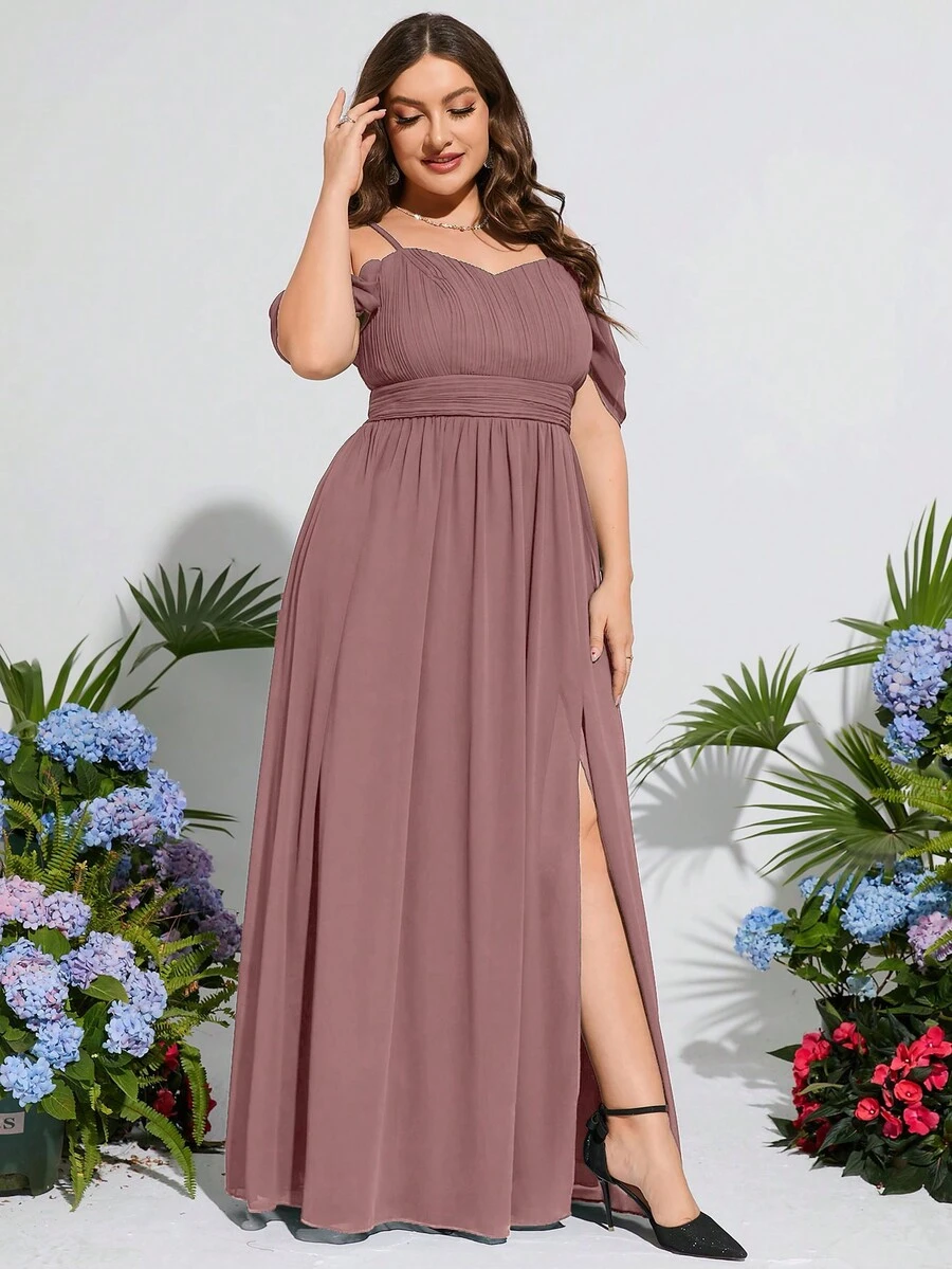 Plus Cold Shoulder Chiffon Bridesmaid Dress - Dusty Pink - View 1