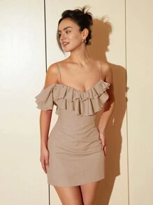 Cold Shoulder Ruffle Trim Bodycon Dress - Khaki - View 1