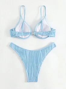 Swim Mod Summer Beach Plain Textured Push Up Bikini Set - Baby Blue - View 2