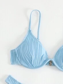 Swim Mod Summer Beach Plain Textured Push Up Bikini Set - Baby Blue - View 5