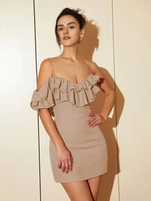 Cold Shoulder Ruffle Trim Bodycon Dress - Khaki - View 5