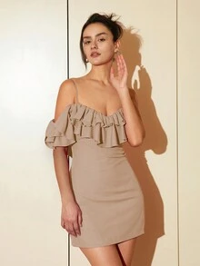 Cold Shoulder Ruffle Trim Bodycon Dress - Khaki - View 6