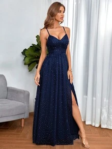 高衩亮片網紗吊帶連衣裙 - 藏蓝色 - 查看 5