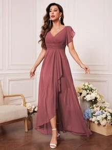 UNITHORSE Brautjungfernkleid aus Chiffon mit Raffung an Büste, Rüschenbesatz und Wickelrock, elegant, auch geeignet als Brautkleid, Geburtstagsoutfit für Frauen, Abschlusskleid, Abendrobe