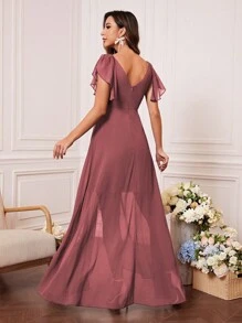 UNITHORSE Brautjungfernkleid aus Chiffon mit Raffung an Büste, Rüschenbesatz und Wickelrock, elegant, auch geeignet als Brautkleid, Geburtstagsoutfit für Frauen, Abschlusskleid, Abendrobe