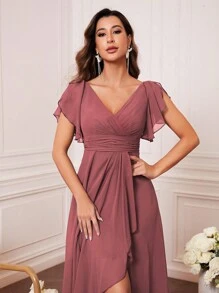 UNITHORSE Brautjungfernkleid aus Chiffon mit Raffung an Büste, Rüschenbesatz und Wickelrock, elegant, auch geeignet als Brautkleid, Geburtstagsoutfit für Frauen, Abschlusskleid, Abendrobe