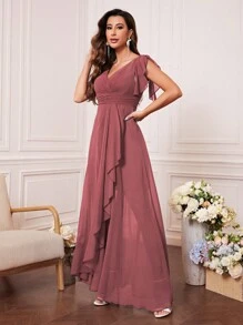 UNITHORSE Brautjungfernkleid aus Chiffon mit Raffung an Büste, Rüschenbesatz und Wickelrock, elegant, auch geeignet als Brautkleid, Geburtstagsoutfit für Frauen, Abschlusskleid, Abendrobe