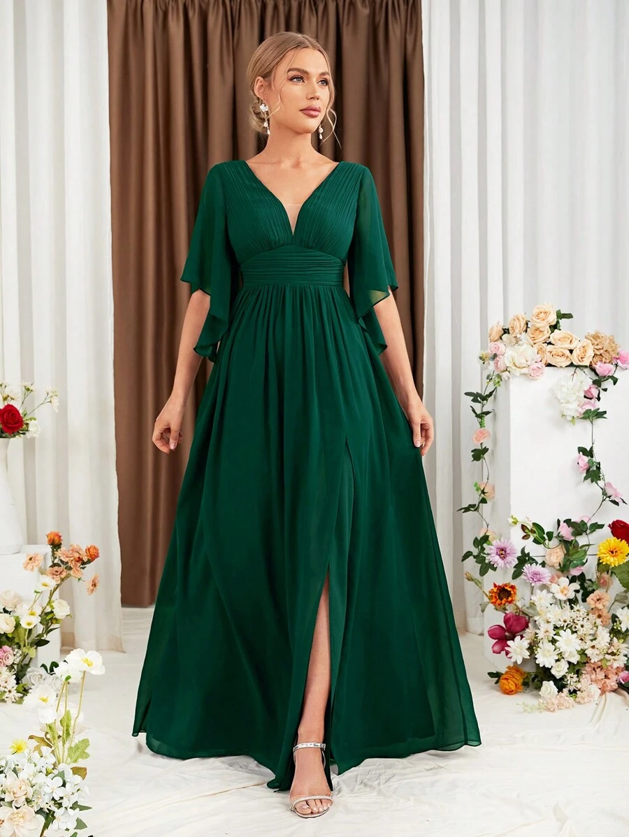 Butterfly Sleeve Split Thigh Chiffon Bridesmaid Dress Elegant Dress, Bride Dress, Birthday Women Outfits, Graduation Dress, Formal Dress - 墨綠色 - 查看 1