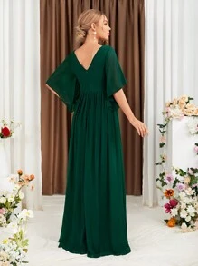 Butterfly Sleeve Split Thigh Chiffon Bridesmaid Dress Elegant Dress, Bride Dress, Birthday Women Outfits, Graduation Dress, Formal Dress - 墨綠色 - 查看 2