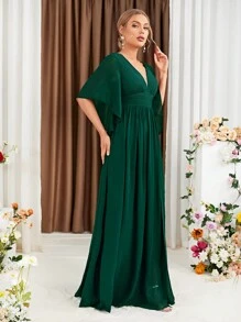 Butterfly Sleeve Split Thigh Chiffon Bridesmaid Dress Elegant Dress, Bride Dress, Birthday Women Outfits, Graduation Dress, Formal Dress - 墨綠色 - 查看 3