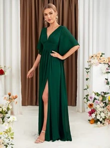 Butterfly Sleeve Split Thigh Chiffon Bridesmaid Dress Elegant Dress, Bride Dress, Birthday Women Outfits, Graduation Dress, Formal Dress - 墨綠色 - 查看 4
