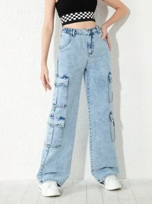 Teenager Mädchen Cargo Jeans mit Klapptaschen an der Seite