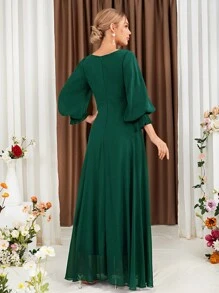 燈籠袖雪紡伴娘連衣裙 - 墨綠色 - 查看 2
