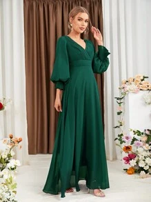 燈籠袖雪紡伴娘連衣裙 - 墨綠色 - 查看 4