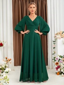 燈籠袖雪紡伴娘連衣裙 - 墨綠色 - 查看 1