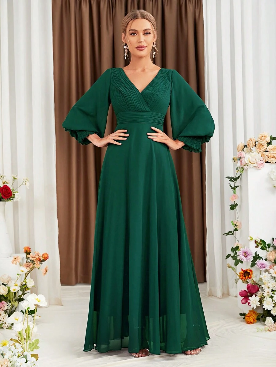 燈籠袖雪紡伴娘連衣裙 - 墨綠色 - 查看 1