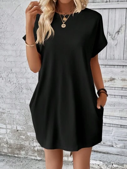 INAWLY Solid Batwing Sleeve Hidden Pocket Tee Dress