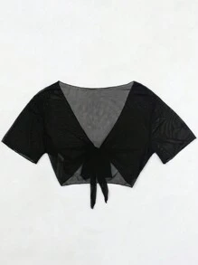 Swim Basics Summer Beach Knot Front Mesh Kimono - Black - View 2