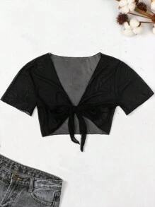 Swim Basics Summer Beach Knot Front Mesh Kimono - Black - View 4
