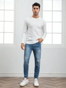 Manfinity NiteLyfe Hombres Jersey unicolor de cuello redondo - Blanco - Ver 3