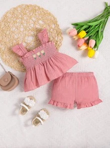 Baby Floral Embroidery Ruffle Trim Peplum Top & Ruffle Hem Shorts - Pink - View 1