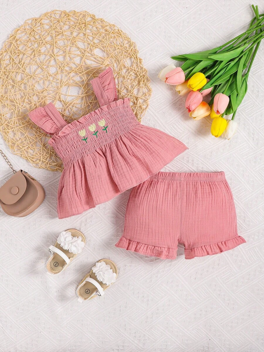 Baby Floral Embroidery Ruffle Trim Peplum Top & Ruffle Hem Shorts - Pink - View 1