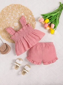 Baby Floral Embroidery Ruffle Trim Peplum Top & Ruffle Hem Shorts - Pink - View 2