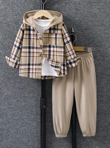 SHEIN 男小童格紋印花連帽襯衫和褲子不帶T恤 - 卡其色 - 查看 1