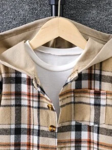 SHEIN 男小童格紋印花連帽襯衫和褲子不帶T恤 - 卡其色 - 查看 3