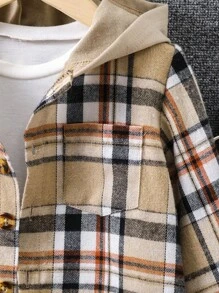 SHEIN 男小童格紋印花連帽襯衫和褲子不帶T恤 - 卡其色 - 查看 6