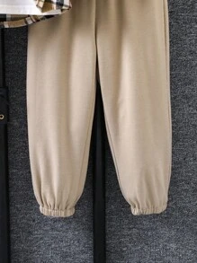 SHEIN 男小童格紋印花連帽襯衫和褲子不帶T恤 - 卡其色 - 查看 7