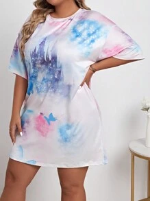 大碼紮染和蝴蝶圖案落肩袖睡裙 - 彩色 - 查看 3