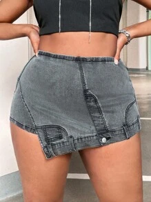 SHEIN SXY Hơn Cao eo Viền không đối xứng Váy denim - màu đen - Xem 1