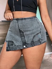 SHEIN SXY Hơn Cao eo Viền không đối xứng Váy denim - màu đen - Xem 3