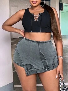 SHEIN SXY Hơn Cao eo Viền không đối xứng Váy denim - màu đen - Xem 4