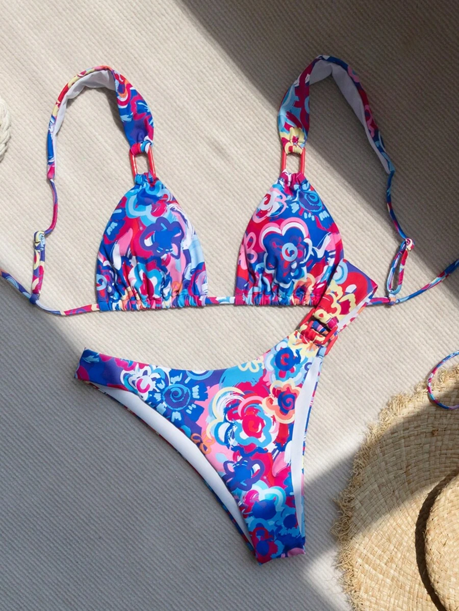 Swim Mod Floral Print Triangle Bikini Set For Summer Beach - Multicolor - View 1