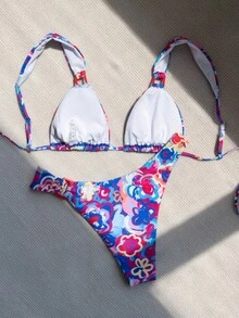Swim Mod Floral Print Triangle Bikini Set For Summer Beach - Multicolor - View 2
