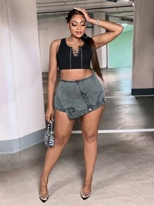 SHEIN SXY Hơn Cao eo Viền không đối xứng Váy denim - màu đen - Xem 6