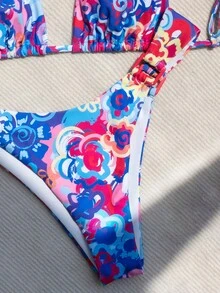 Swim Mod Floral Print Triangle Bikini Set For Summer Beach - Multicolor - View 3