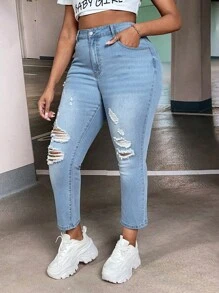 SHEIN SXY Quần Denim kích thước lớn Nút Túi Bị tách Dây kéo màu trơn - Rửa nhẹ - Xem 3