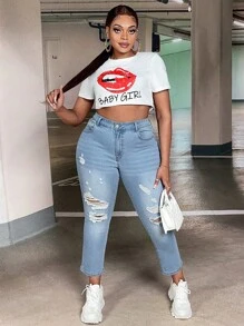 SHEIN SXY Quần Denim kích thước lớn Nút Túi Bị tách Dây kéo màu trơn - Rửa nhẹ - Xem 4