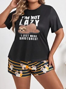 Plus Bộ PJ đồ họa Con lười & Slogan / Bộ Pajama - Nhiều màu - Xem 3