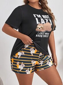 Plus Bộ PJ đồ họa Con lười & Slogan / Bộ Pajama - Nhiều màu - Xem 4
