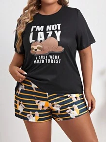 Plus Bộ PJ đồ họa Con lười & Slogan / Bộ Pajama - Nhiều màu - Xem 5