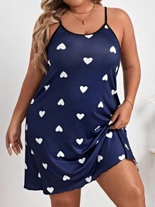 Plus Heart Print Contrast Binding Cami Nightdress - Navy Blue - View 1